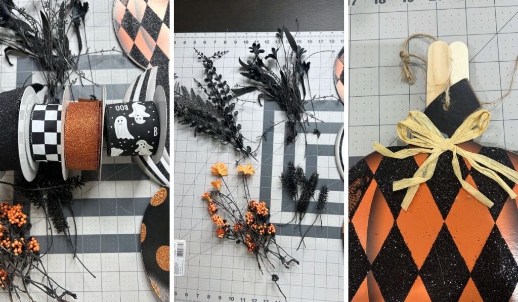 steps used in make a Dollar Tree Pumpkin Sign Makeover with a black and orange Halloween floral and ribbon from Trendy Tree