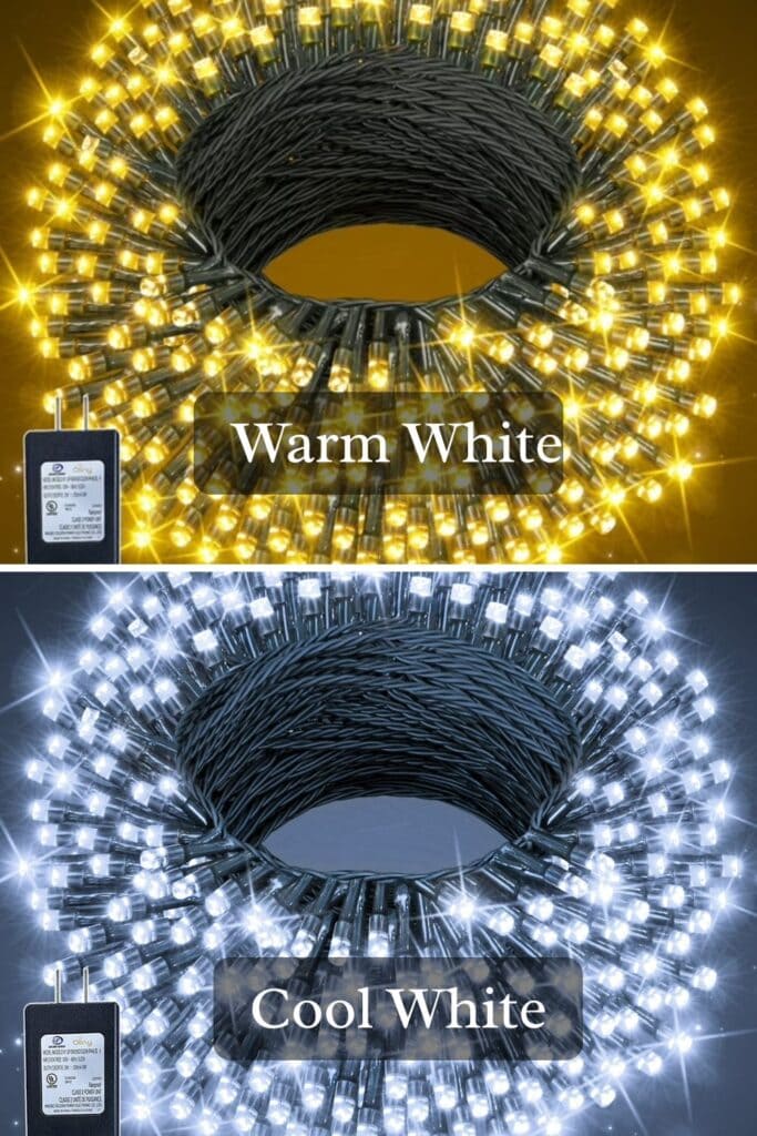 showing the difference between Warm Christmas lights and Cool Christmas Lights