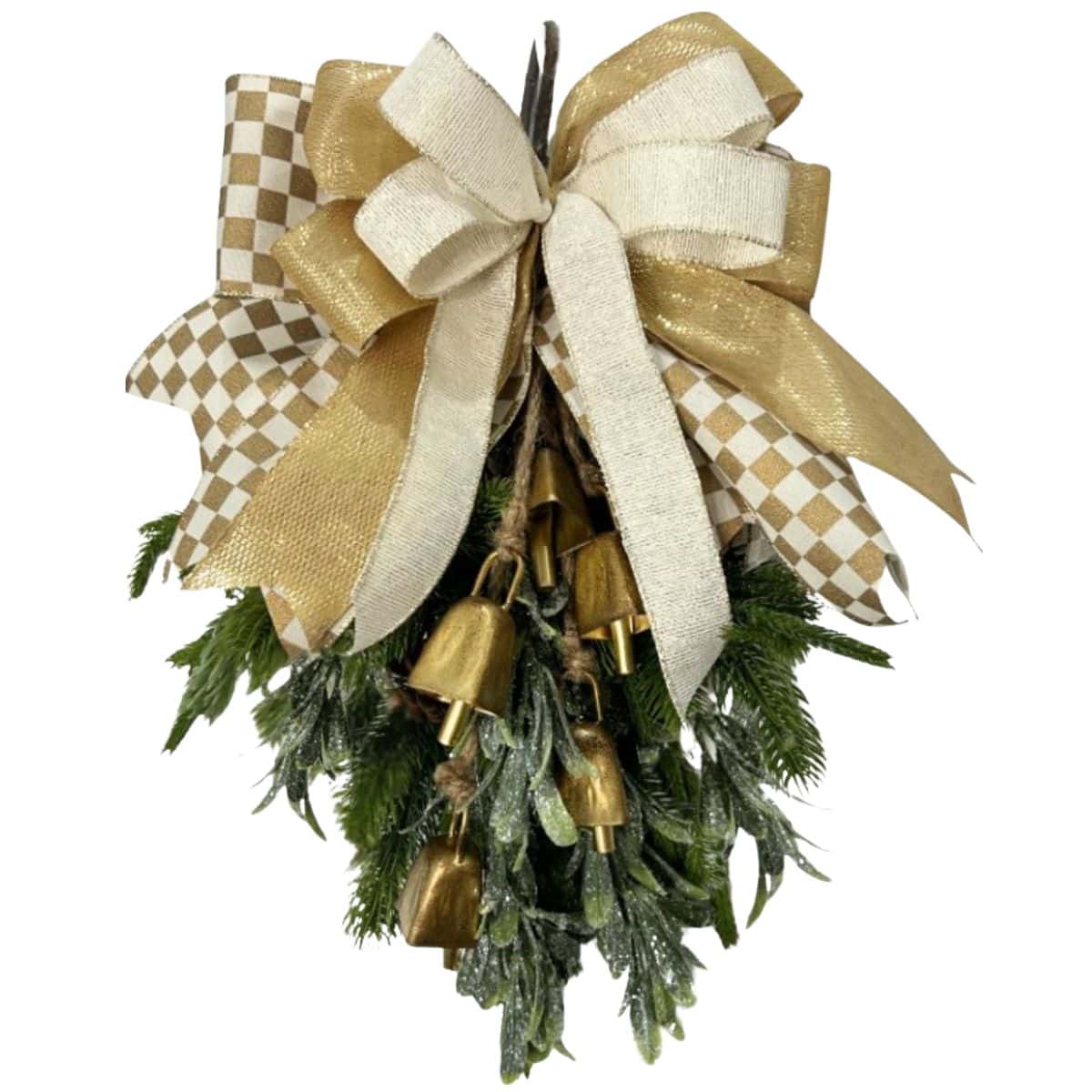 pine swag tutorial with 4" 2.5" and 1.5" ribbon bow, swag of small gold cow bells, available at Trendy Tree