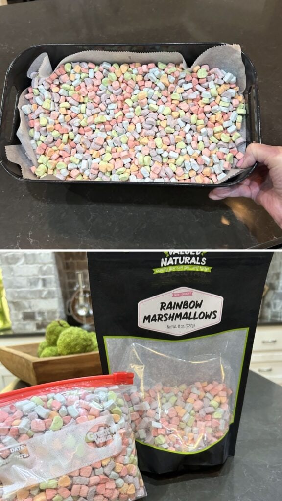dehydrated marshmallows in an air fryer pan for re-dehydrating, and then bagged up