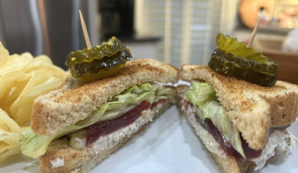 turkey salad sandwich with cranberry sauce