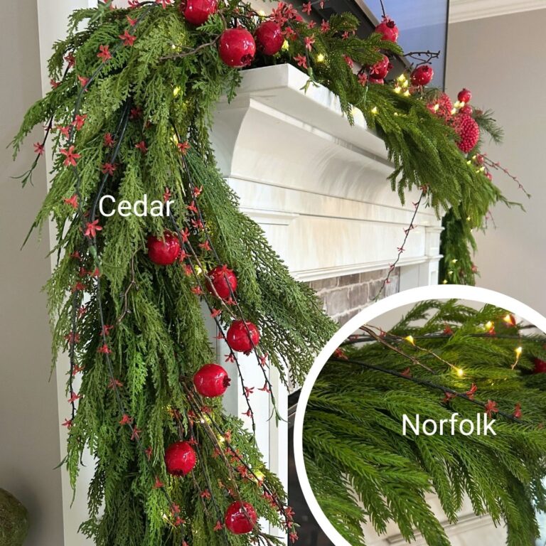 Easy Mantel Decorating Ideas: Cedar, Norfolk Pine & Pops of Red