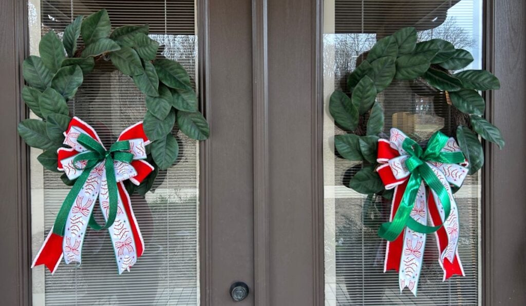 magnolia wreath, Christmas bow, double doors