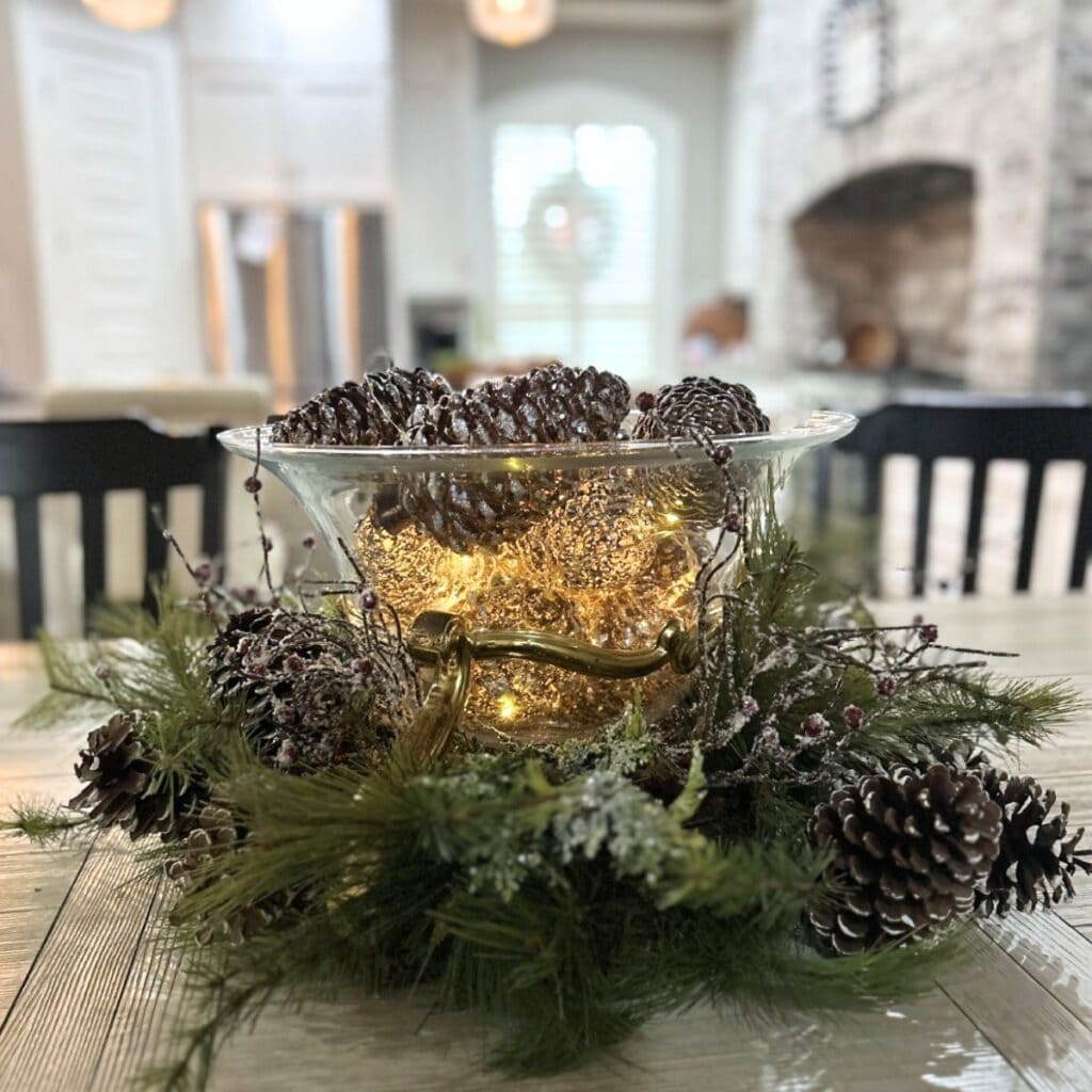 A Simple Winter Centerpiece: Pine Wreath, Pinecones & Sparkle — An Easy Winter Table Centerpiece Idea