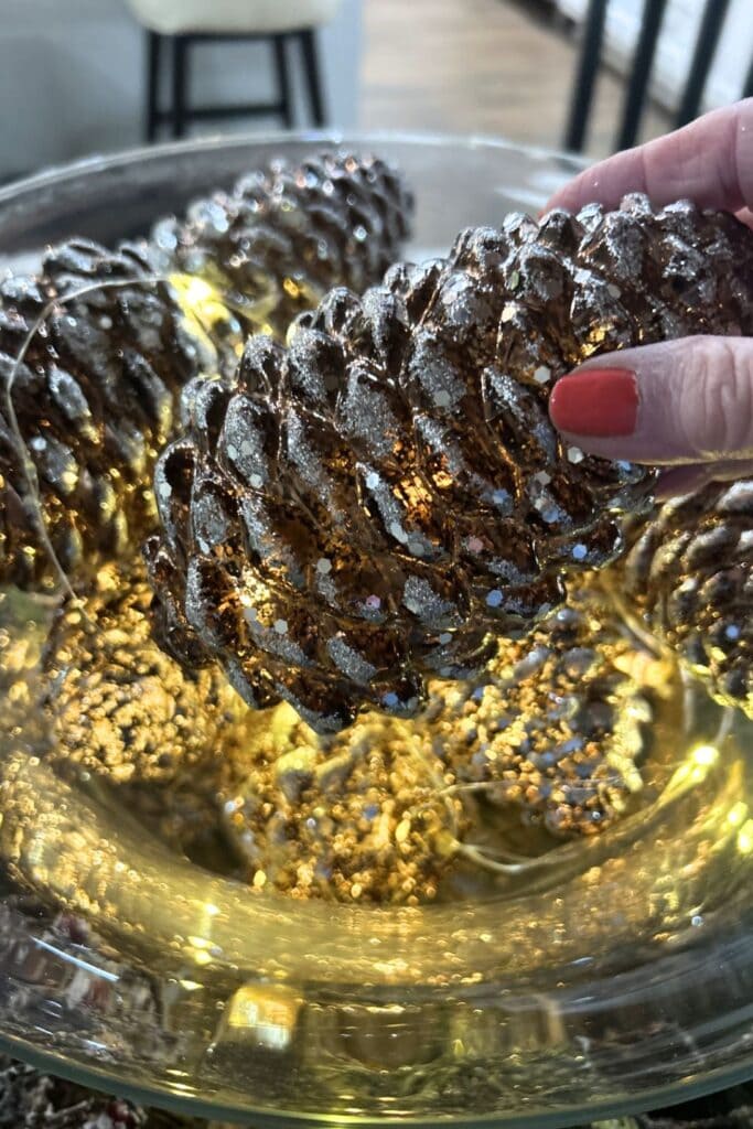 glittered pinecones