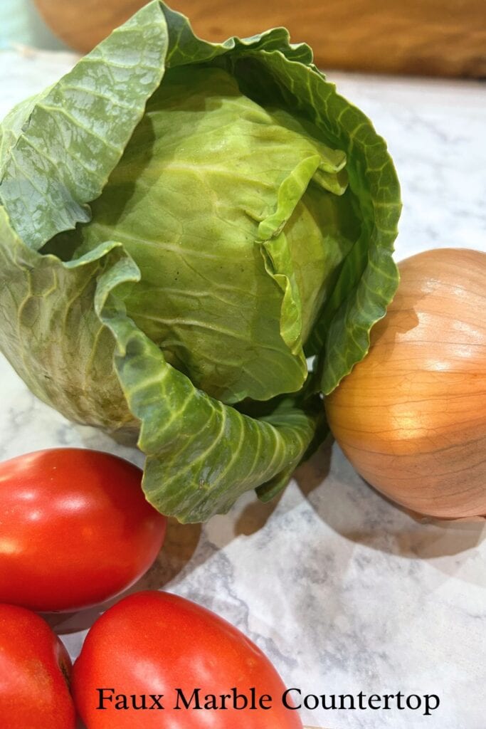 vegetables photographed on faux marble countertop