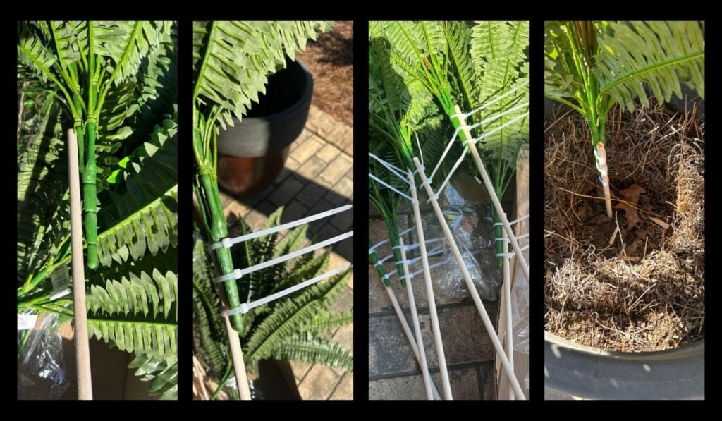 Showing how to extend the stems of artificial ferns by attaching a wooden dowel with zip ties