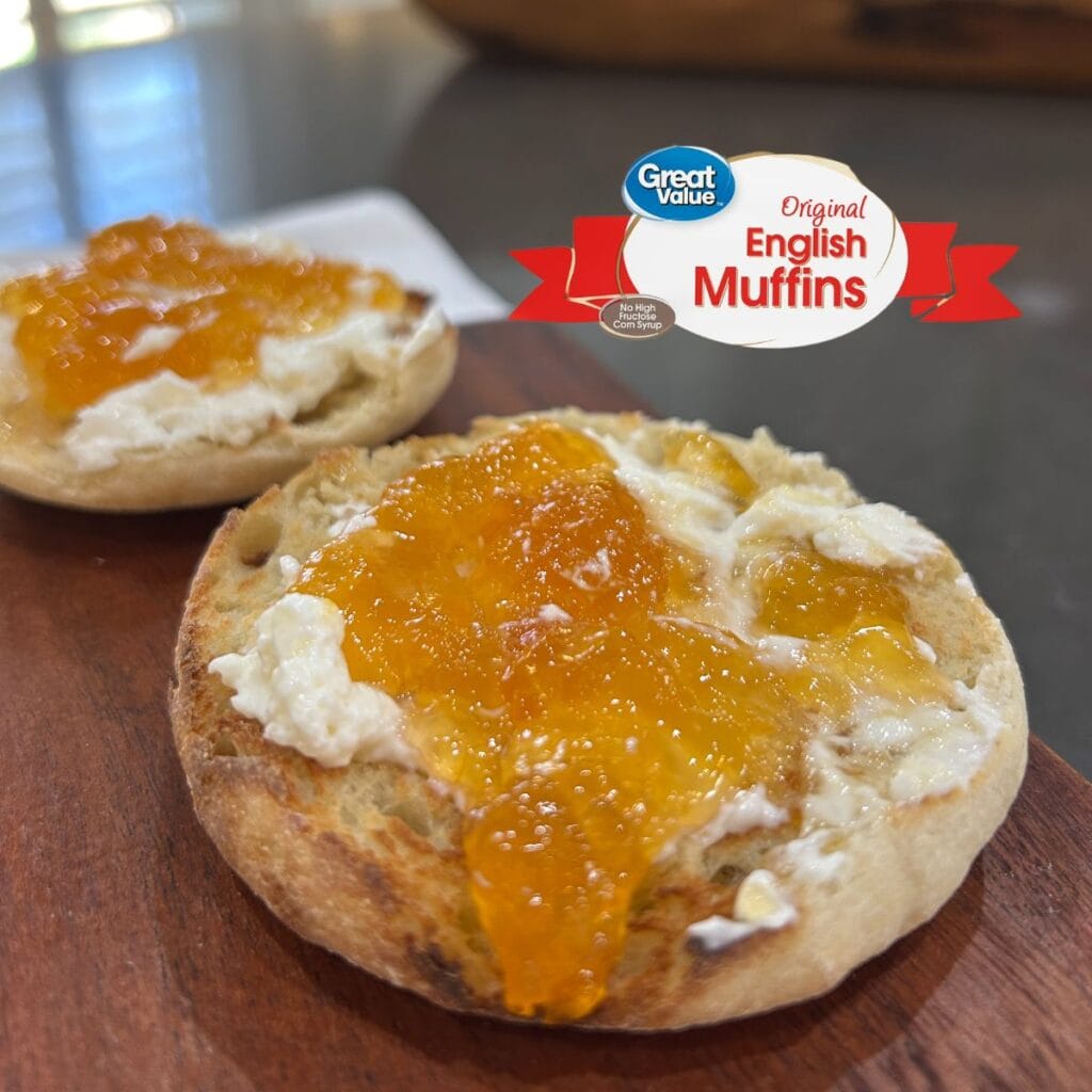 Great Value English Muffin with whipped cream cheese and apricot jelly