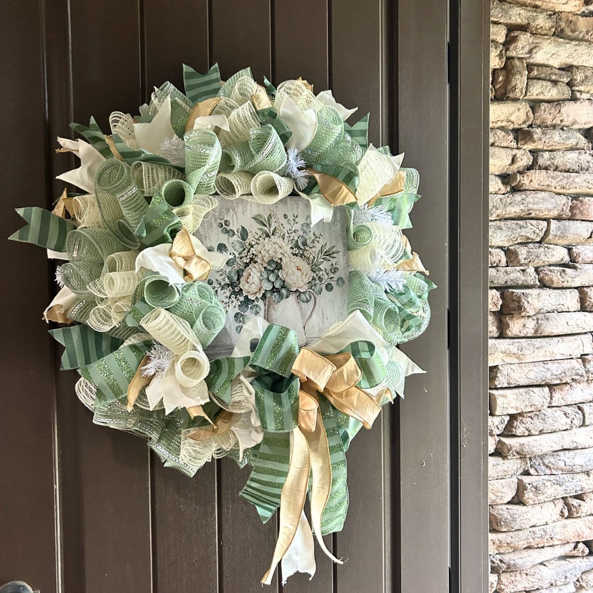 neutral sage green, cream, ivory, deco mesh wreath with exclusive Trendy Tree floral sign
