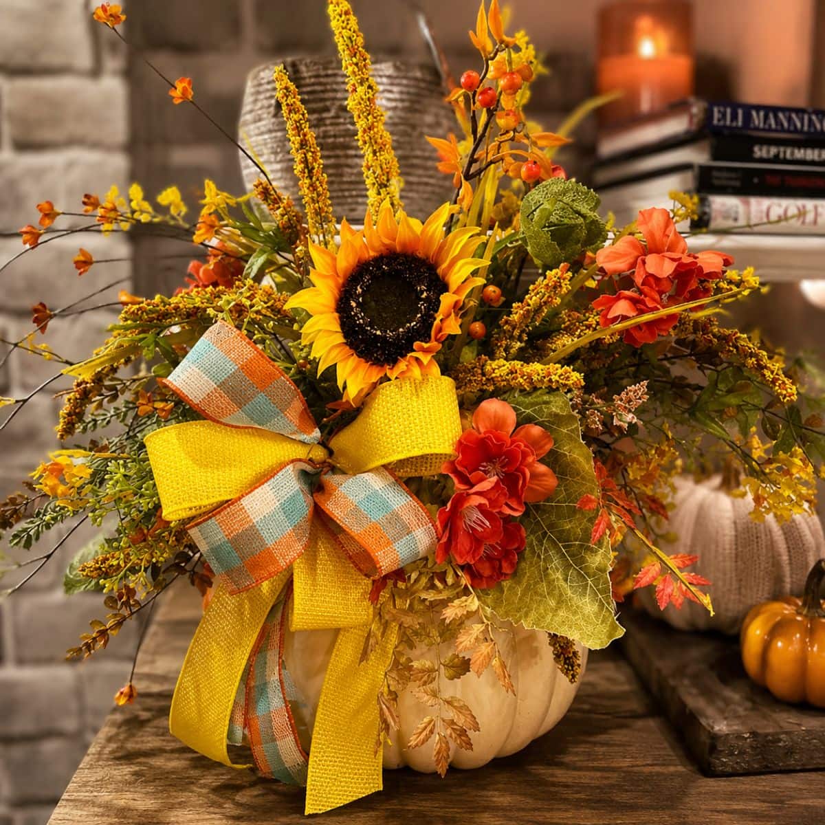 fall floral arranged in a foam pumpkin