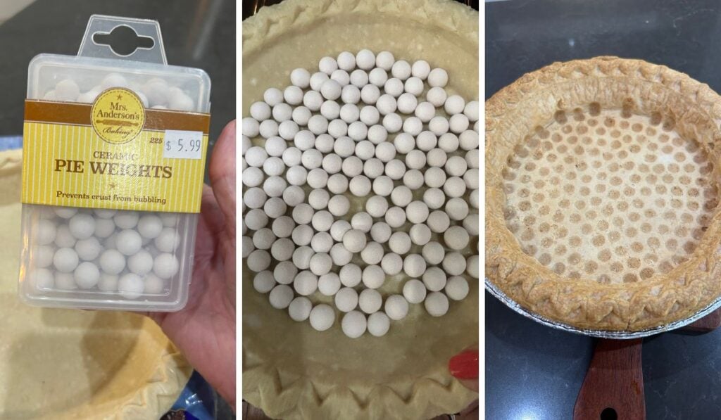 steps in using pie weights to keep pie crust from puffing up