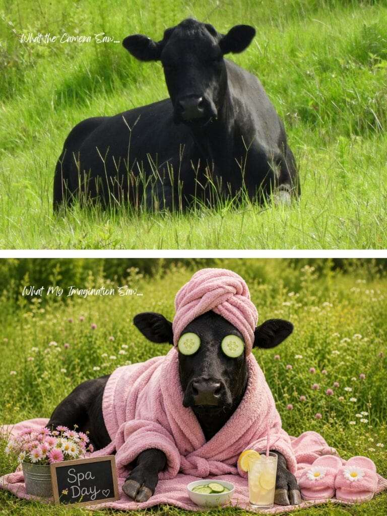 What my imagination, a cow resting in a grassy pasture; everyone loves a spa day