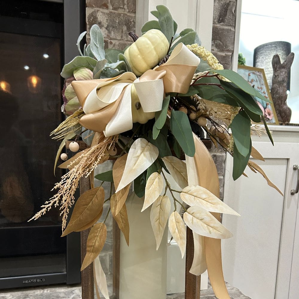 fall lantern topper in cream and sage, pumpkin and leaves