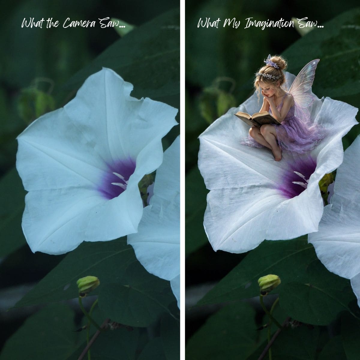 What my imagination, a wild morning glory bloom with a tiny delicate fairy resting on the petals reading a book
